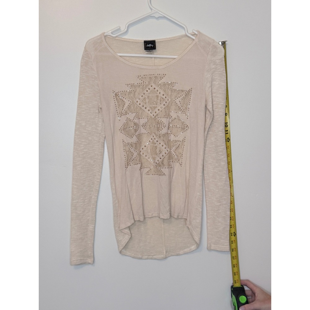 Daytrip Cream Lace Rhinestone High Low Long Sleeve Top XS Ivory Marl - Picture 3 of 6